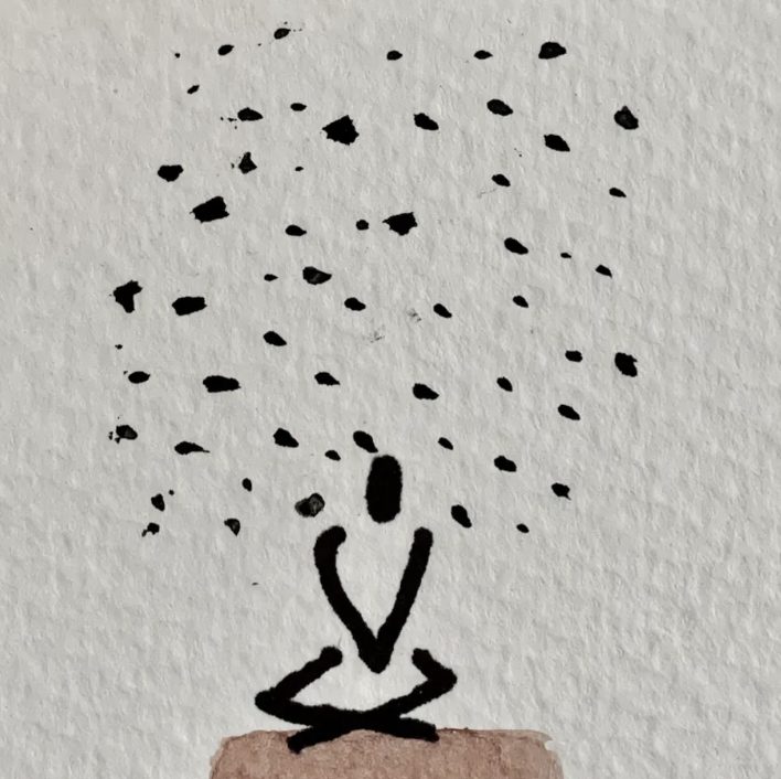 Stick figure with a cloud of dot thoughts above it